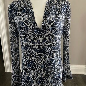 Tory Burch Navy and Cream Patterned Top